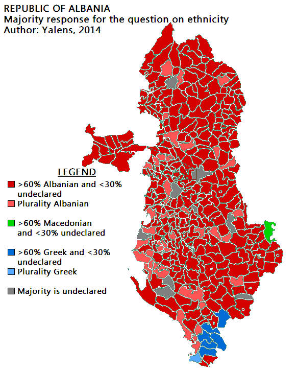Distribution of ethnic groups within Albania, as of the 2011 census. Districts coloured grey are those where a majority of people did not declare an ethnicity (the question was optional). The census was criticised and boycotted by some minorities.