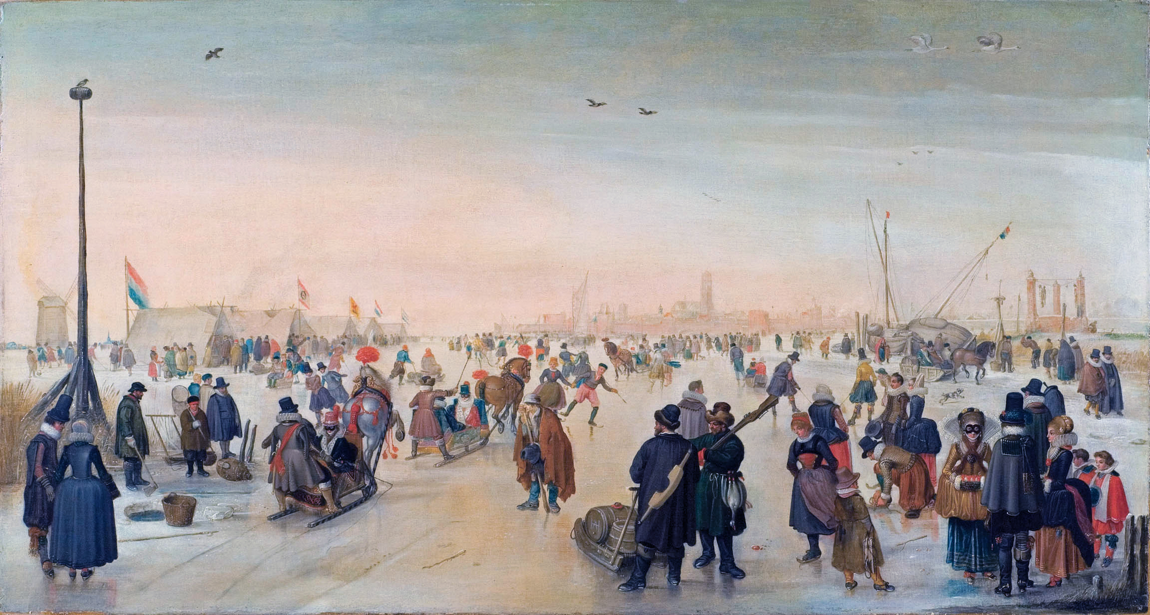 Pemandangan musim dingin dengan para pemain seluncur es di dekat kota Kampen oleh Hendrick Avercamp (1620-an)