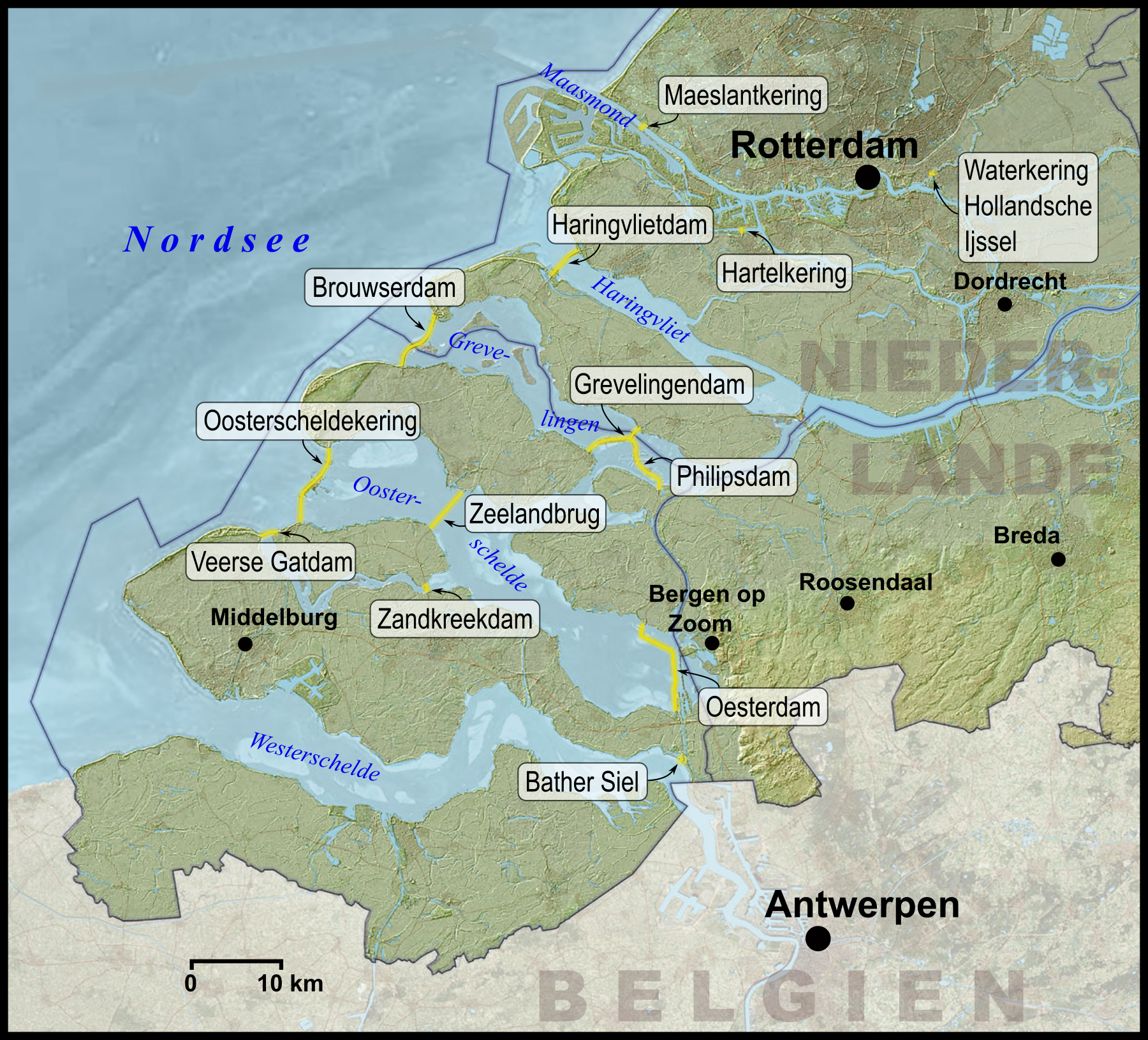 Delta Works terletak di provinsi Holland Selatan dan Zeeland.