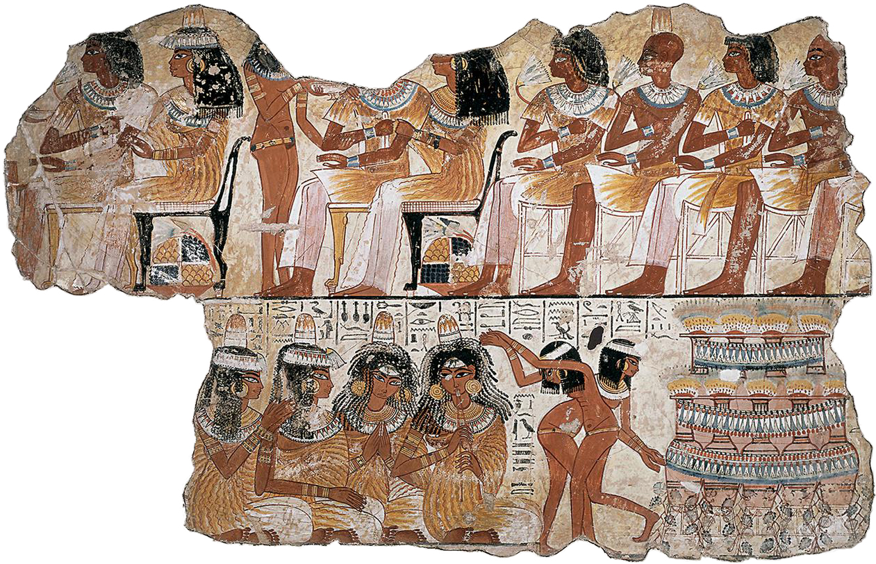 Painting of elaborately dressed men and women. Some women clap and play flutes while others dance.