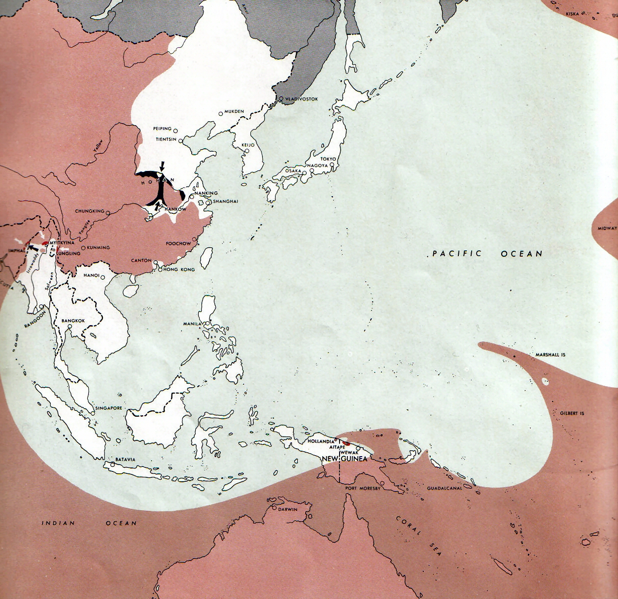 1944년 5월 중순 연합군과 일본이 통제하는 영토가 표시된 서태평양 및 동남아시아 지도