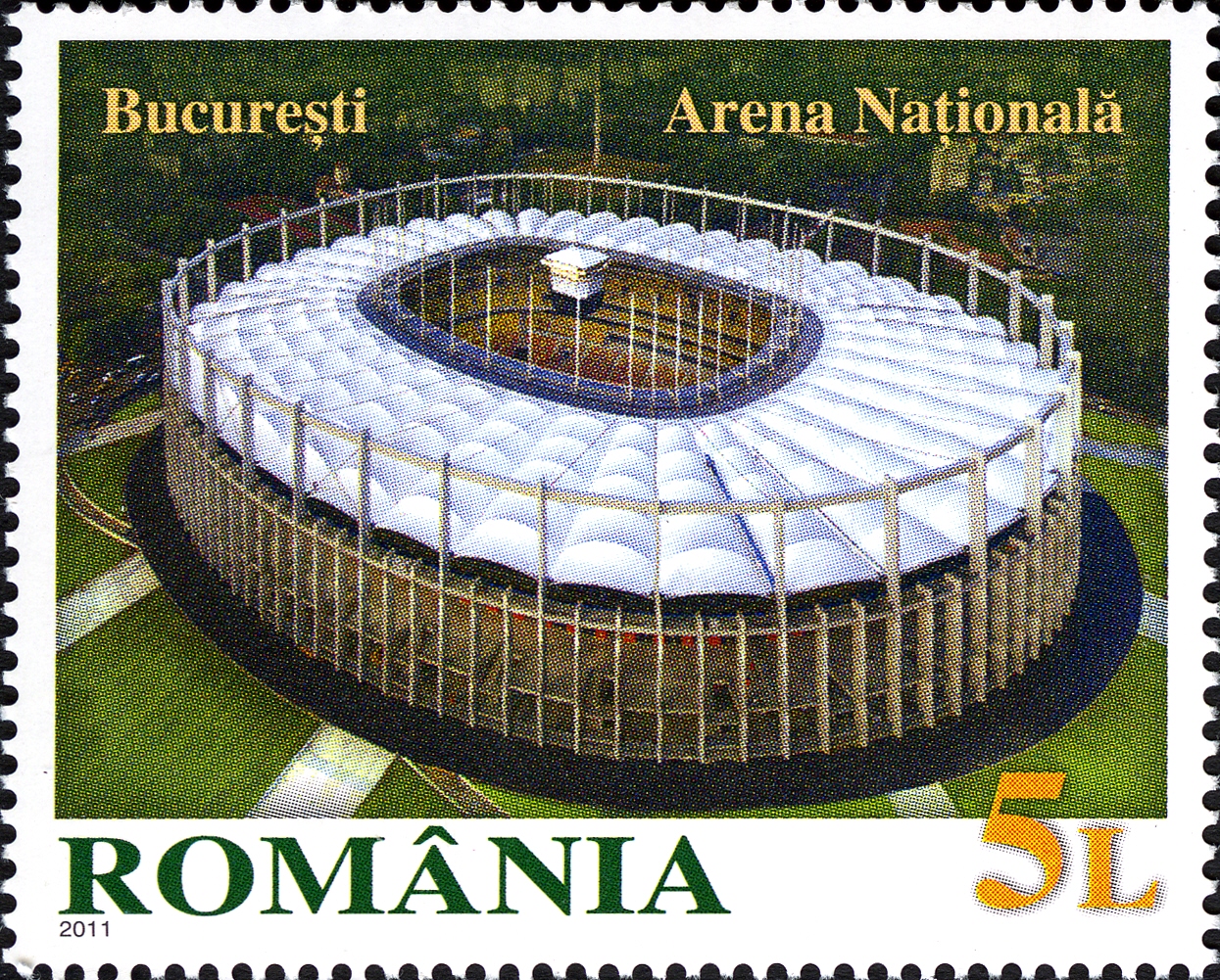Arena Națională, Romania's national football stadium in Bucharest, depicted on a 2011 Romanian postage stamp.