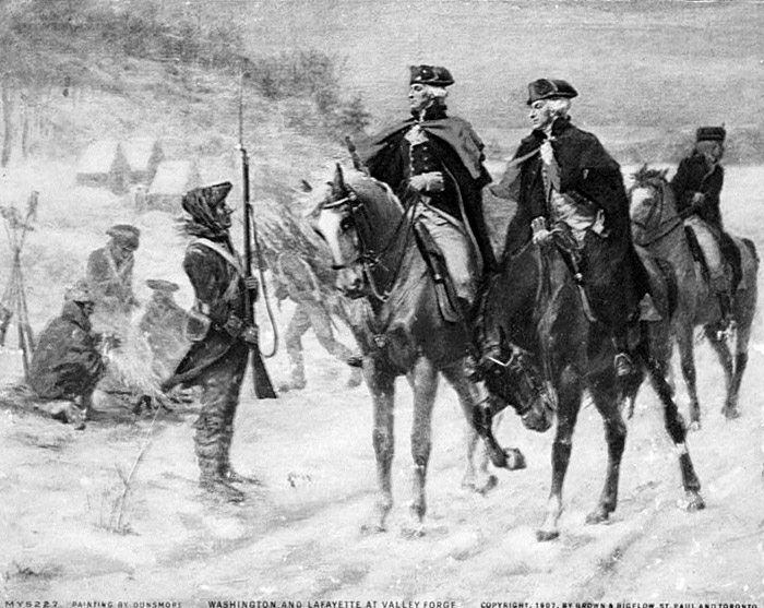 Painting of two men on horses talking to a sentry