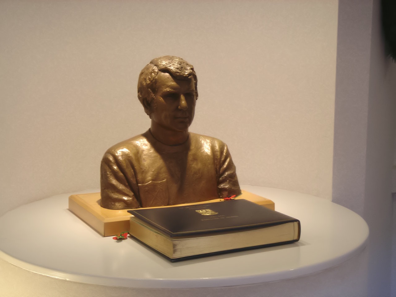 Bust of Bobby Moore in the entrance foyer of the Bobby Moore Stand at West Ham's former home, Boleyn Ground