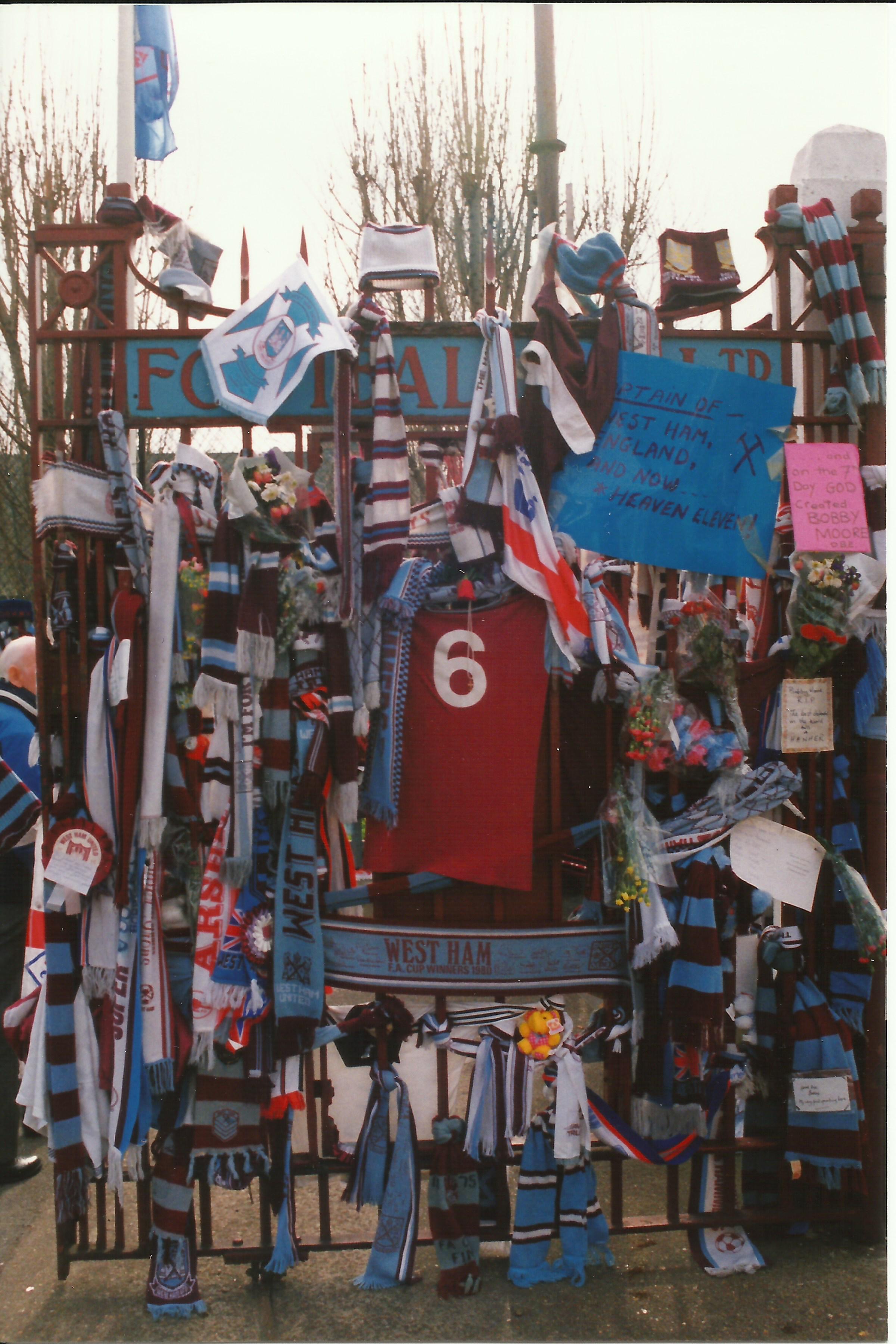 Tributes to Bobby Moore outside the Boleyn Ground on 6 March 1993
