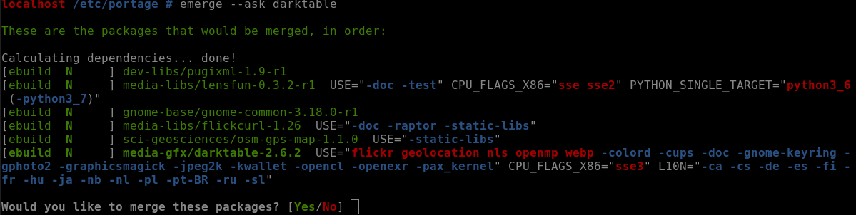 Installing software. In this example, Darktable will build with Flickr and geolocation support.