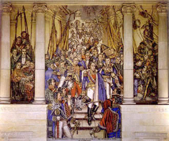 Mural by Santiago Martínez Delgado in the Colombian Congress, depicting historical and allegorical scenes. Public art like this plays a role in shaping national identity and reflecting on social and historical narratives from various perspectives.