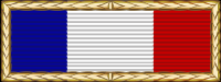 Vertical tricolor ribbon (blue, white, red) with gold border