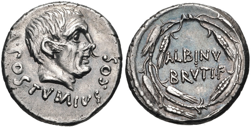 Đồng Denarius của Decimus Brutus được đúc vào năm 48 TCN. Mặt trước ghi