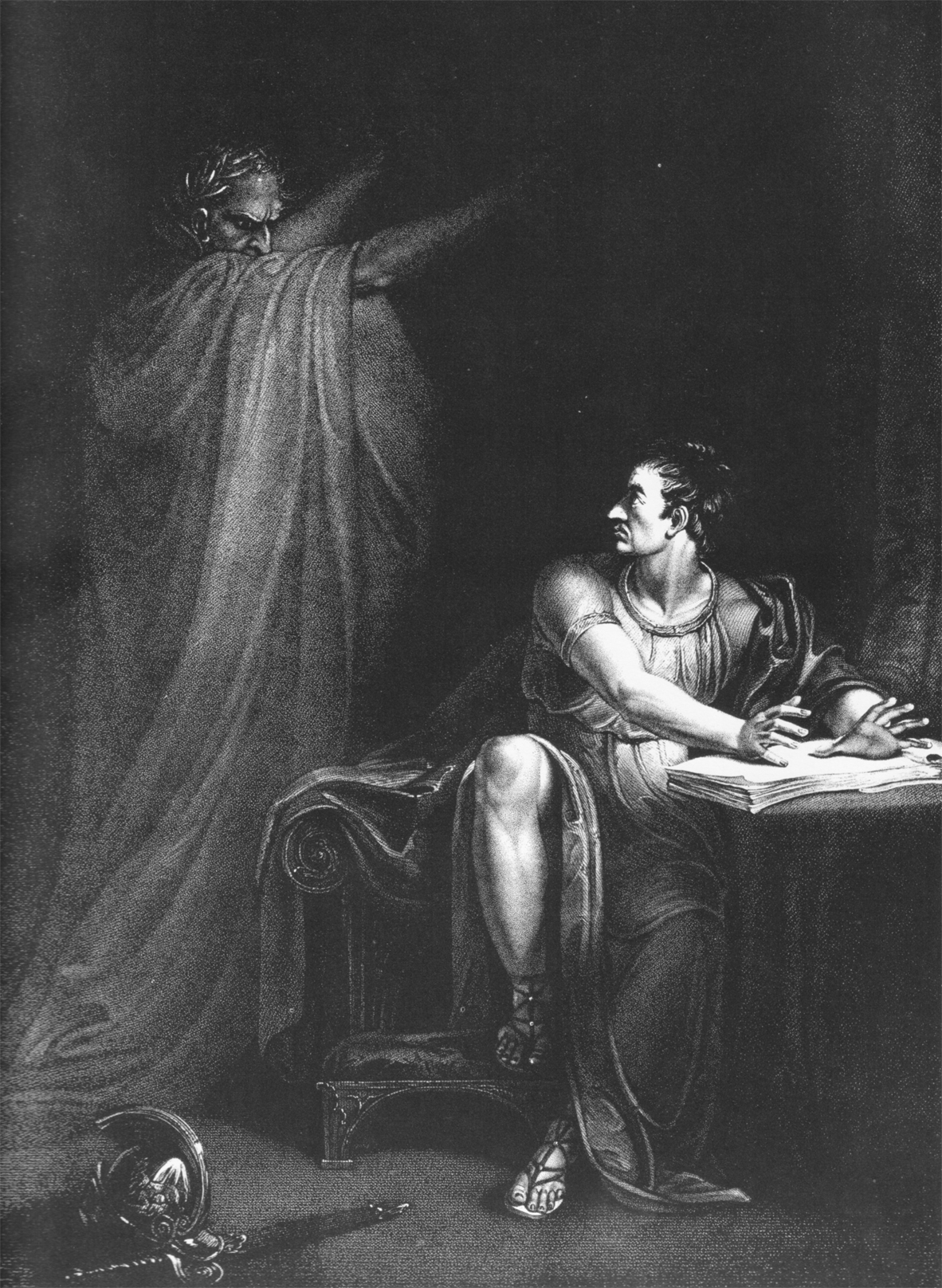Brutus dan Hantu Caesar (1802) oleh Richard Westall. Hantu Caesar konon menampakkan diri kepada Brutus sebelum Pertempuran Philippi.