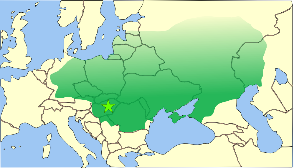フン族の最大版図(450年頃)。スロバキア地域もその勢力圏に含まれていた。