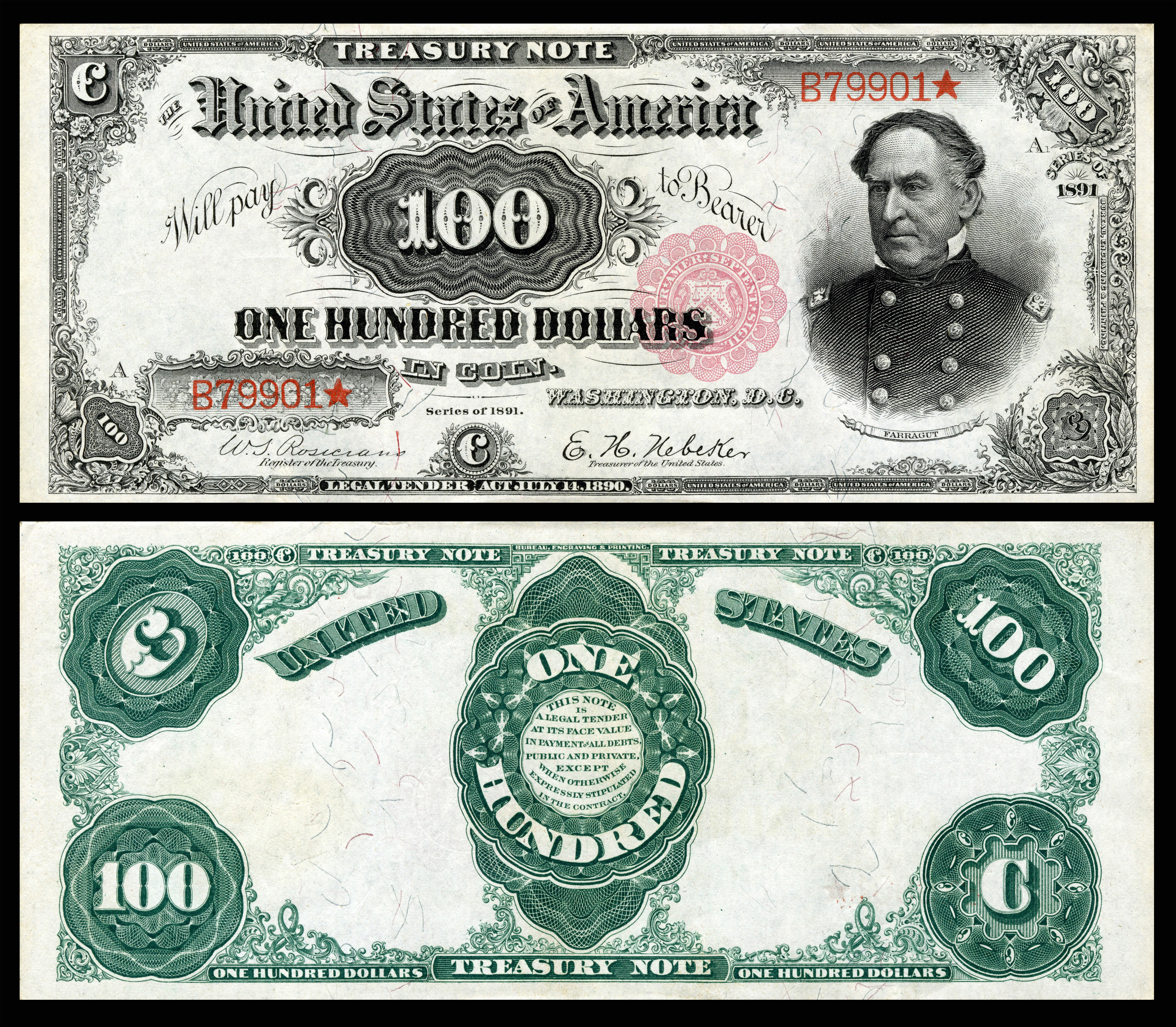 1891년 100 USD 재무 노트에 기념된 패러거트. 미국 지폐에 등장한 53명 중 한 명이다.