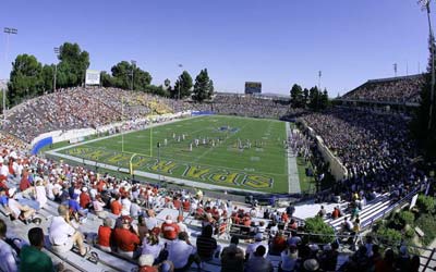 A view of Spartan Stadium during a football game from the stands