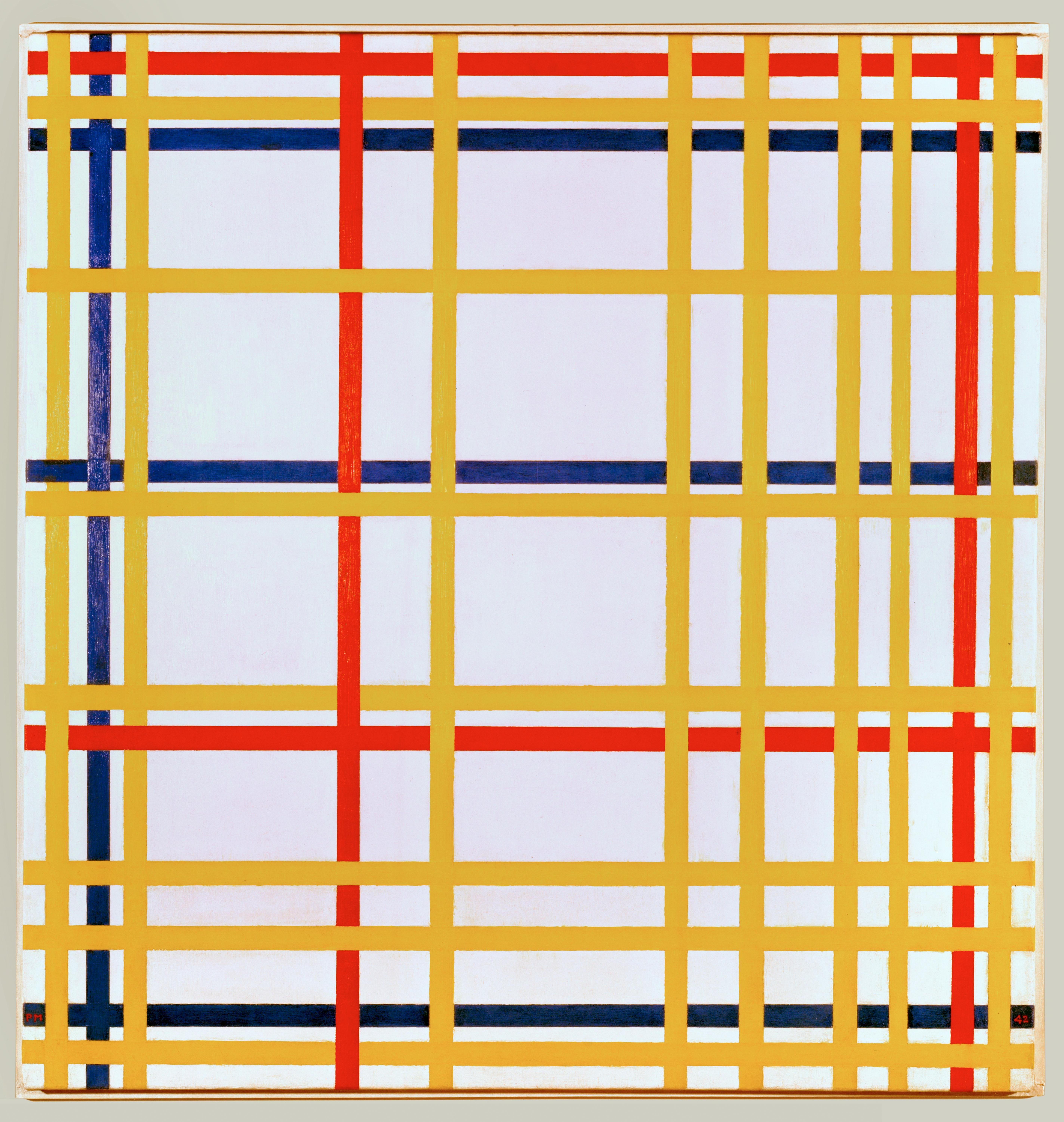 A painting of yellow, red, and blue lines arranged in a woven lattice or grid-like pattern.