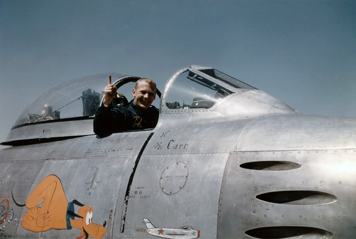 Aldrin in the cockpit of a 51st Fighter Interceptor Wing F-86 Sabre after shooting down a MiG-15 fighter during the Korean War.