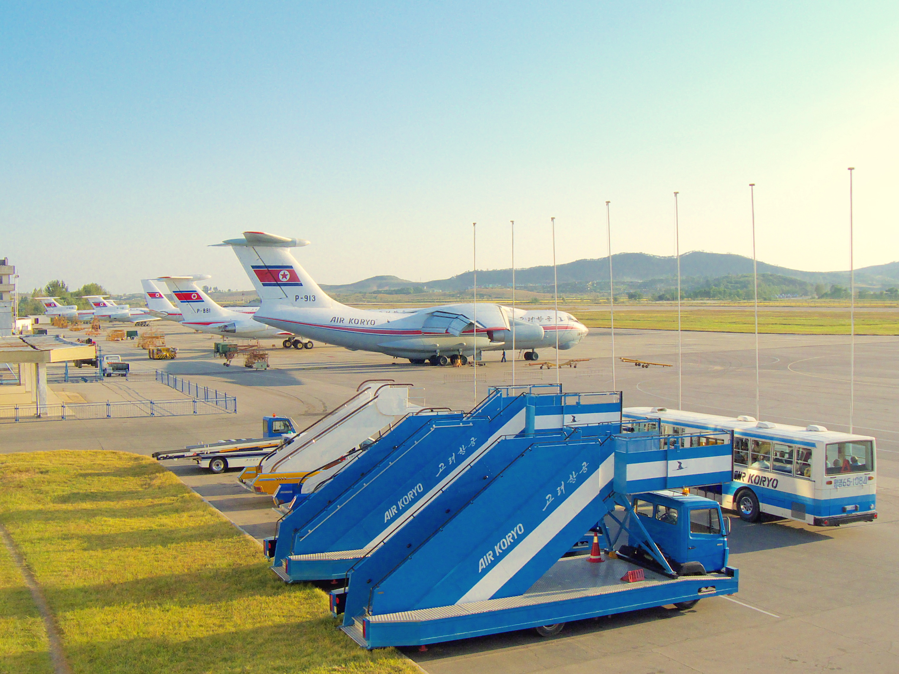 Il-76, Tu-204, Il-62 and Tu-154 aircraft of Air Koryo at Pyongyang International Airport