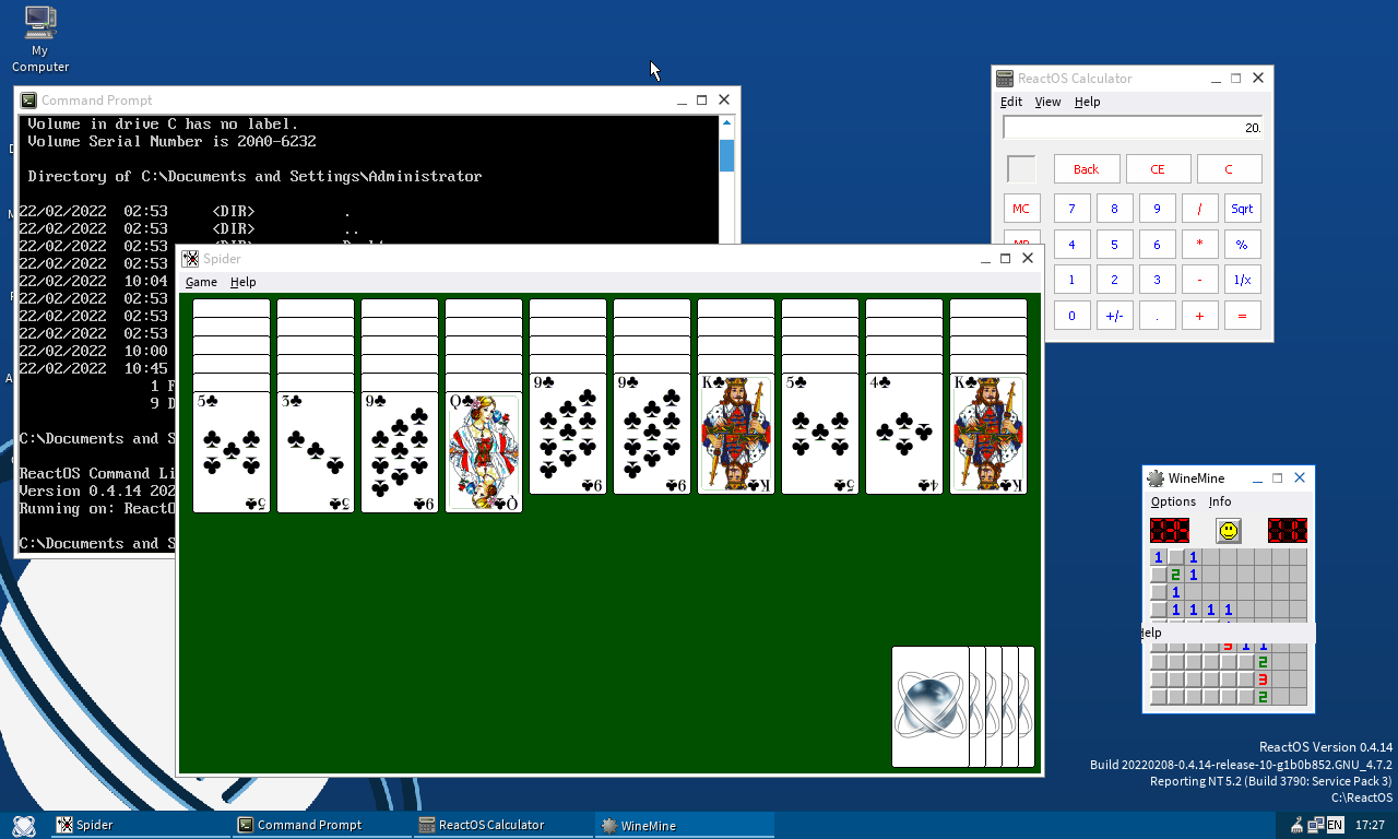 ReactOS에서 애플리케이션을 동작시키고 있는 상태입니다.