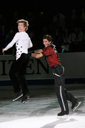 Buttle and Evan Lysacek perform a throw jump at the 2008 Four Continents exhibition gala.
