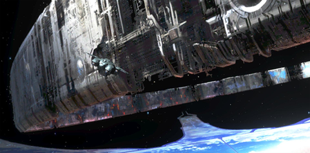 지름이 수천 킬로미터에 달하는 거대한 링 모양의 물체가 우주에 떠 있습니다. 링의 바깥쪽은 금속으로 되어 있고, 안쪽 부분은 육지와 바다로 이루어져 있습니다. 링은 건설 중이며, 링의 일부는 뼈대 구조일 뿐입니다.