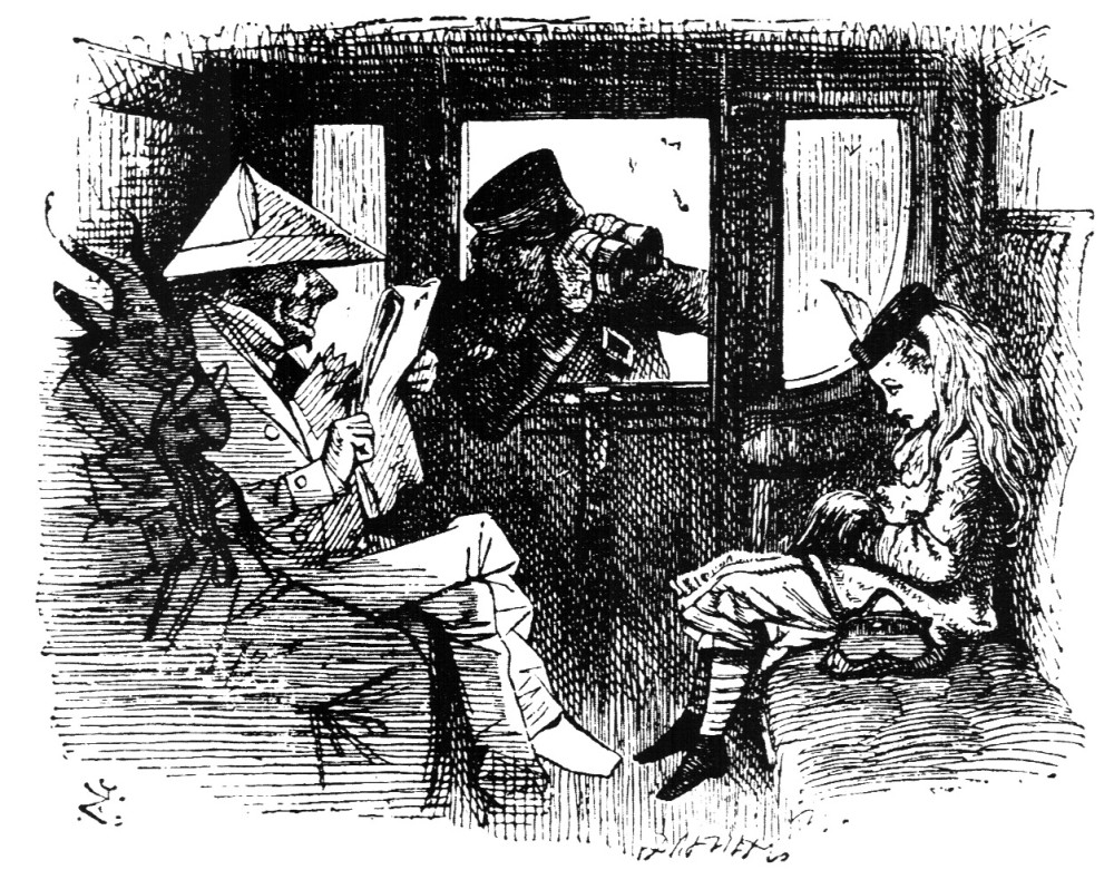 A Tenniel illustration showing Alice (left), inspired by paintings like 