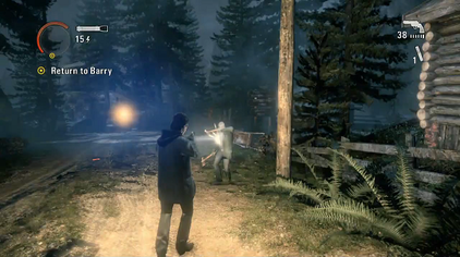 A screenshot of ''Alan Wake'', showing the player's character aiming his flashlight and handgun at an enemy, in an exterior environment.