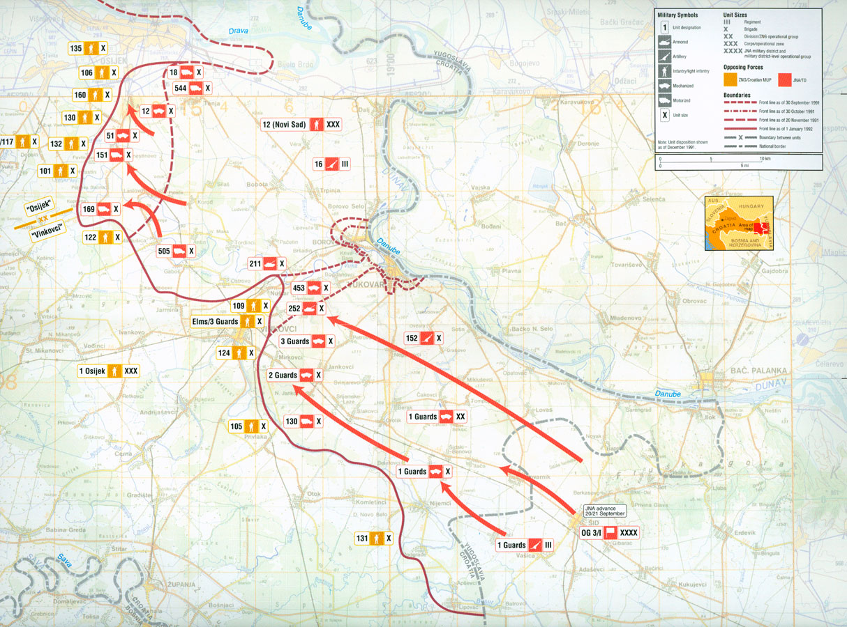 1991년 9월~1992년 1월 사이 동슬라보니아의 군사 작전 지도.