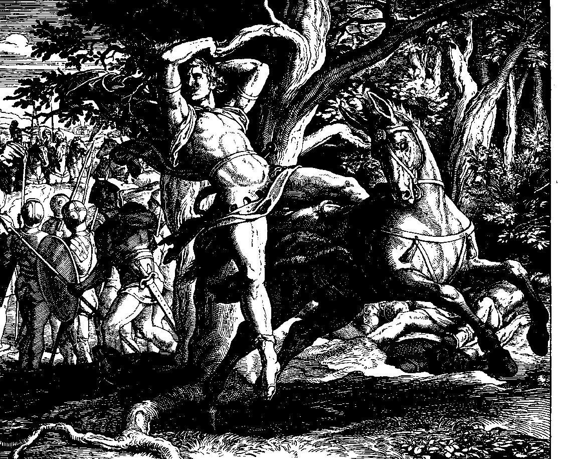 압살롬의 죽음, 1860년 율리우스 슈노어 폰 카롤스펠트의 목판화. 요압은 압살롬의 왼쪽으로 묘사되어 있다.