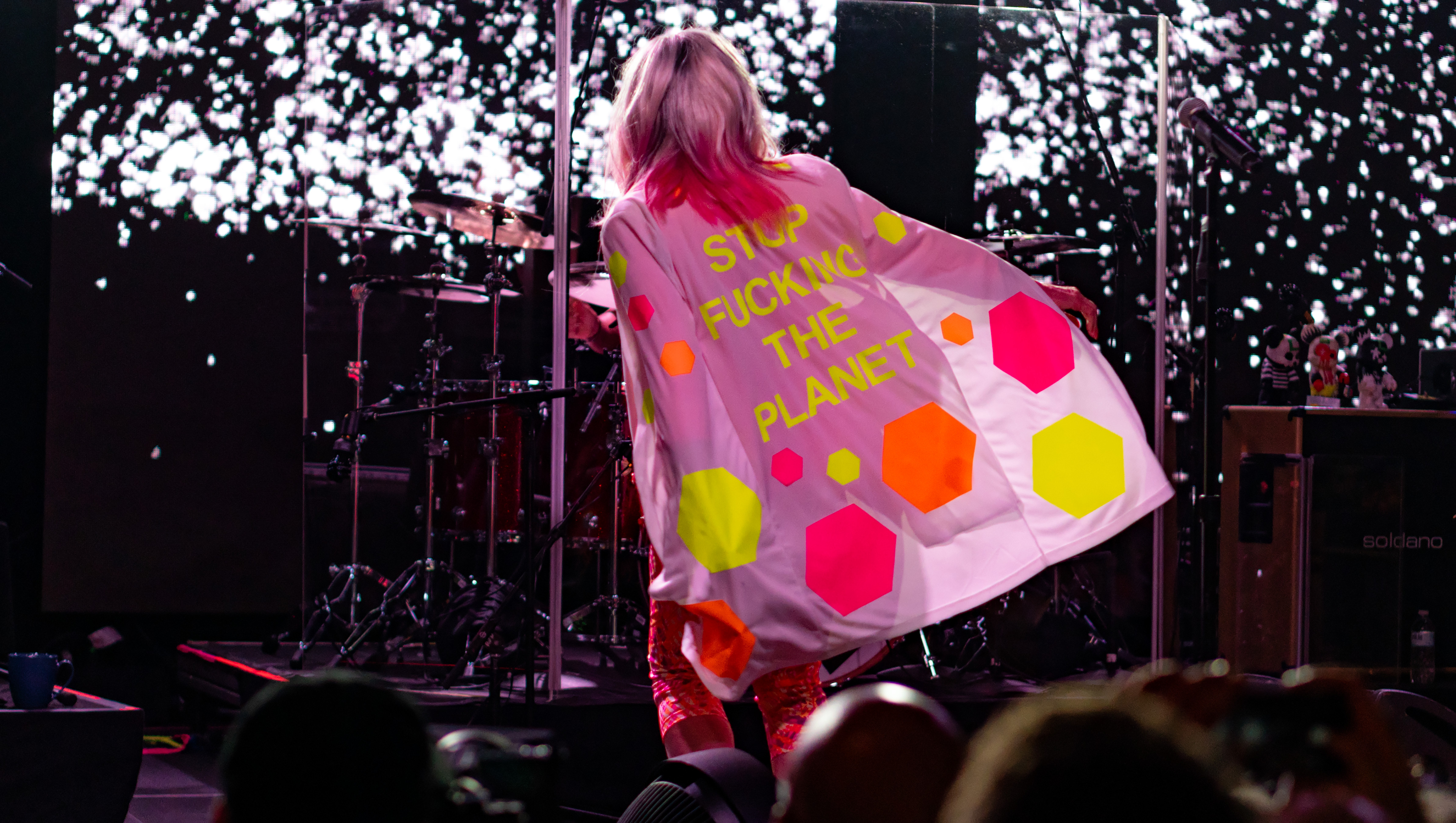 Harry viewed onstage from the back, wearing a pink coat that reads 