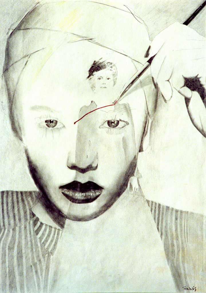 크리스티안 토니스가 1981년에 흑연과 색연필로 제작한 여성 전사 그림으로, '멸종'이라는 제목이 붙어 있으며, 크기는 13.6 x 18.5인치입니다. 2010년 12월부터 쿤스트페라인 파밀리에 몬테츠에 소장되어 있습니다.
