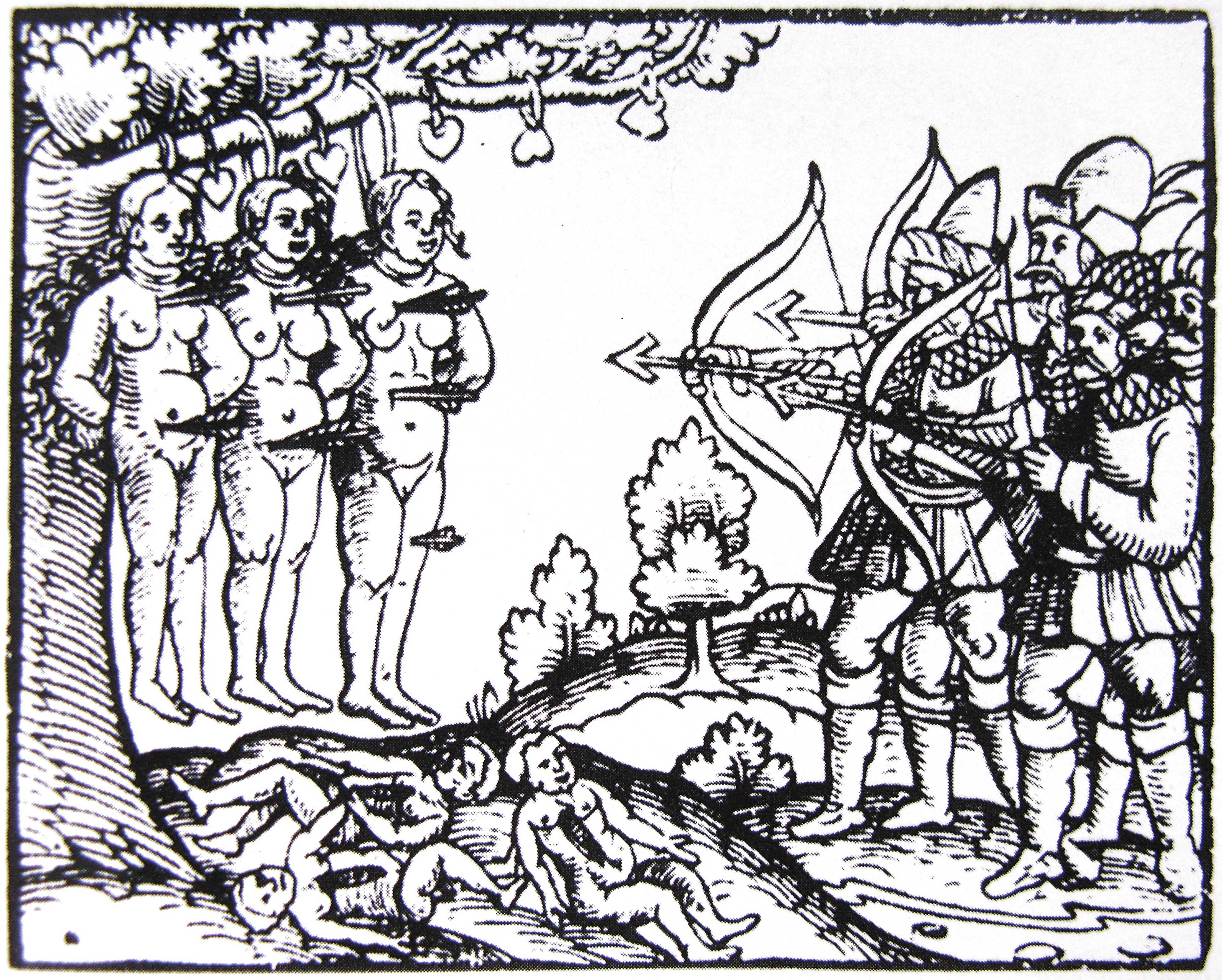 Printed woodcarving showing archers using hanged naked women as target practice. Beneath them lie the bodies of children, cut open.