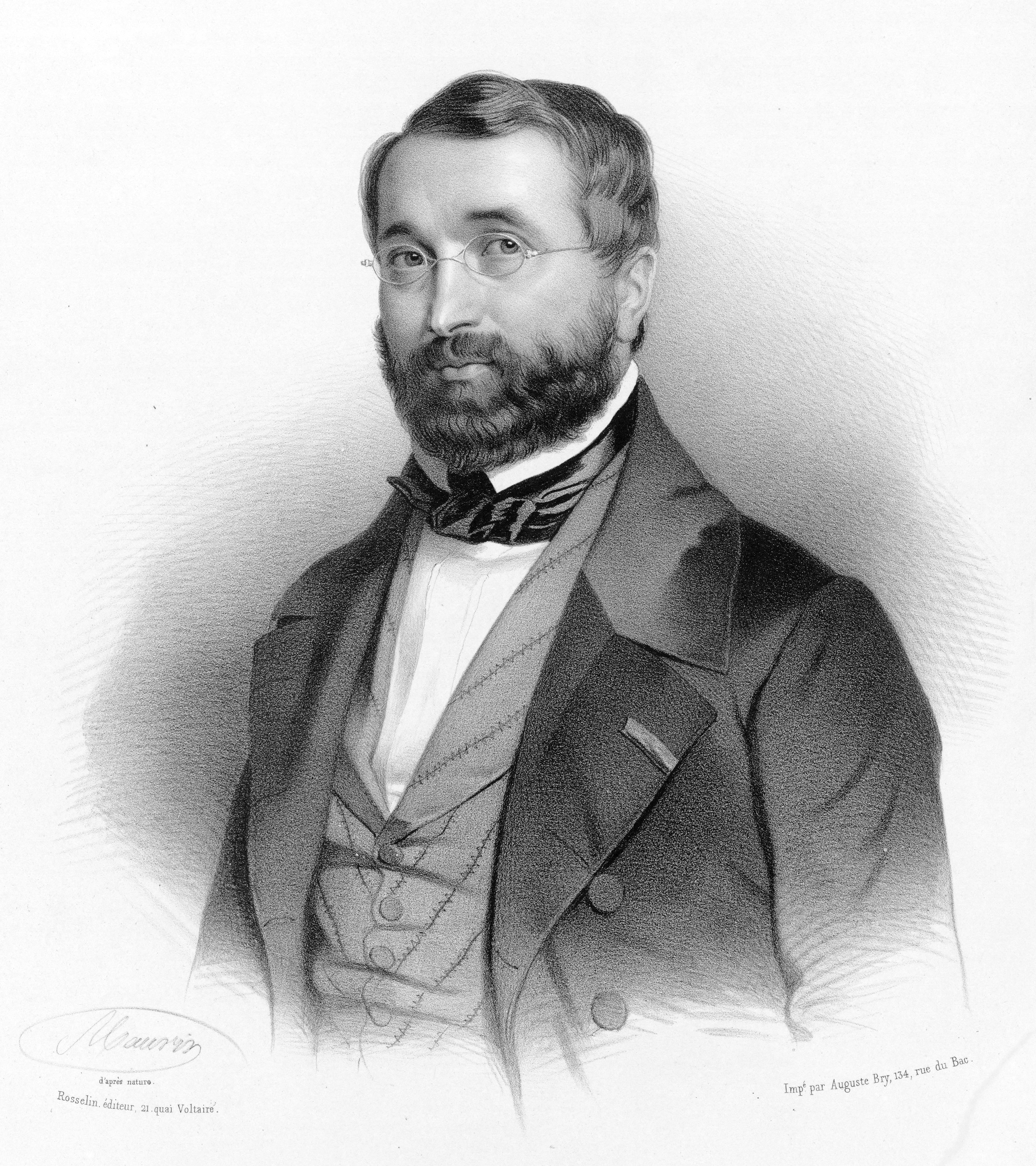 Portrait sketch of a short-bearded man with cropped hair. He is wearing glasses and formal wear.