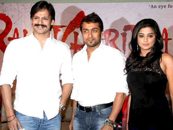 Oberoi alongside Suriya and Priyamani during a press meet for Rakta Charitra 2
