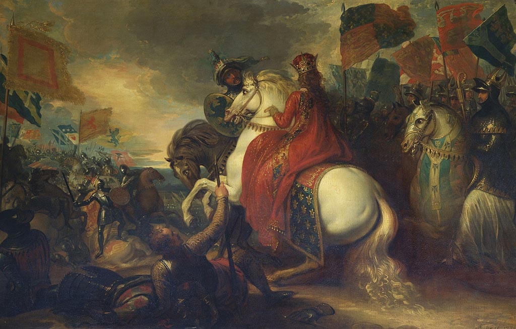 벤저민 웨스트의 1789년 작품 네빌스 크로스 전투의 필리파 여왕. 그림 왼쪽에서 데이비드 2세가 보병으로 싸우는 모습이 묘사되어 있다.