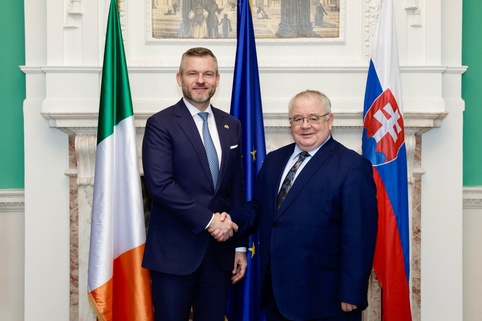 2024년 2월 더블린에서 아일랜드 의회 하원 의장 숀 오 피어게일과 만난 페테르 펠레그리니 국민의회 의장