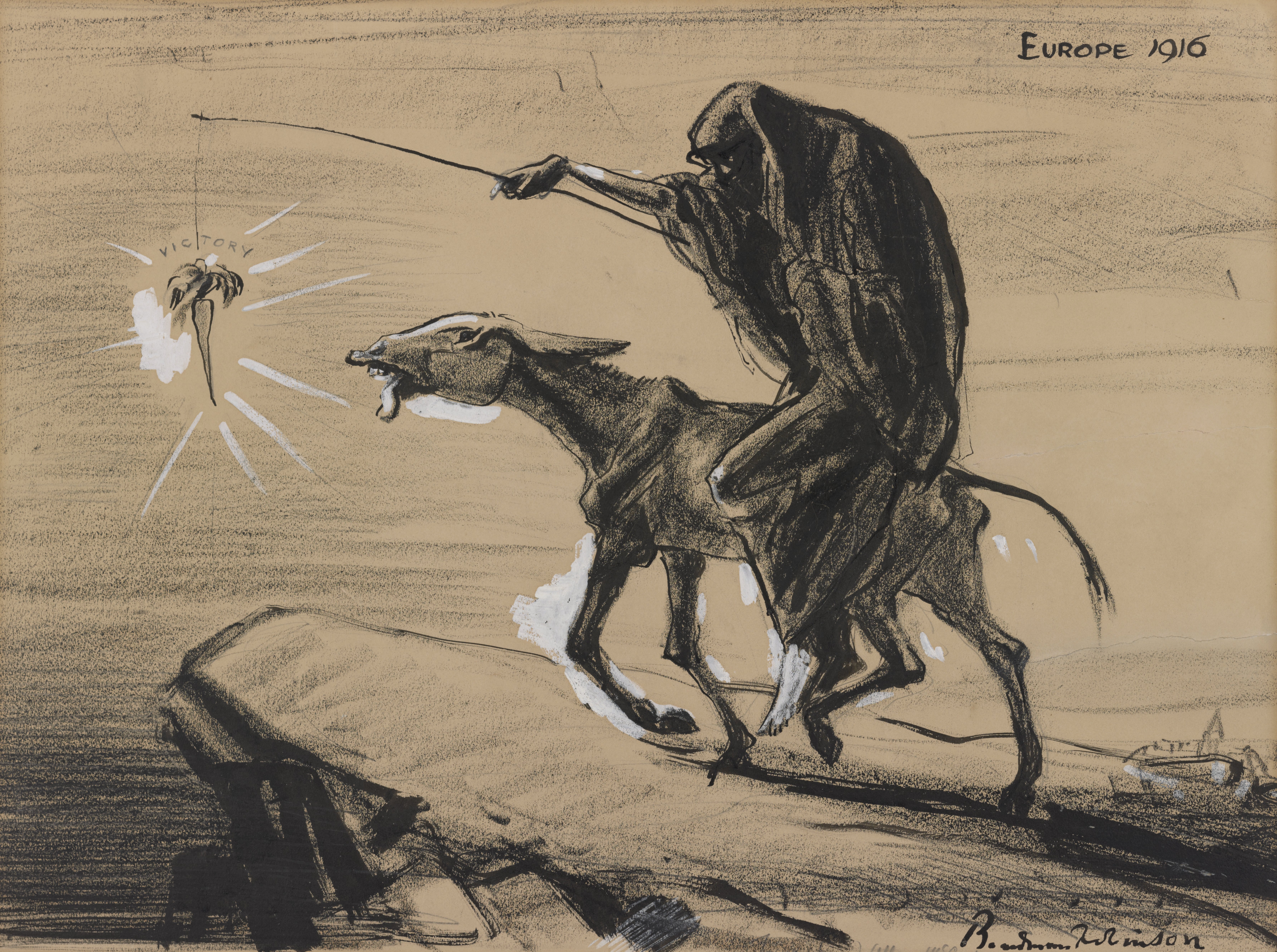 A cartoon named ''Europe 1916'' depicts Death riding a donkey toward the edge of a cliff. Death holds a long stick from which dangles a carrot just out of reach of the skinny donkey. The carrot is labeled 