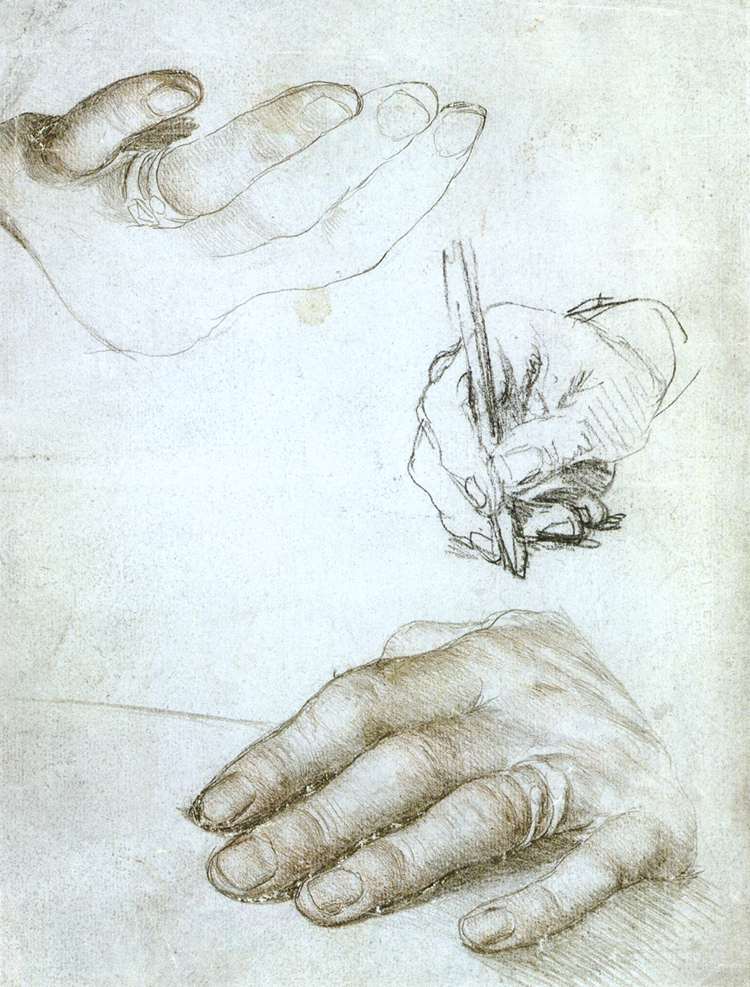 홀바인이 에라스뮈스의 손을 연구한 습작, 은점과 목탄, 1523년경 (루브르 박물관)