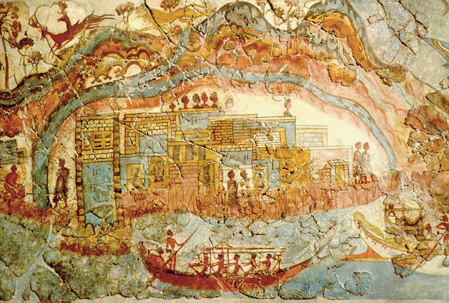Colorful, detailed fresco with people and animals