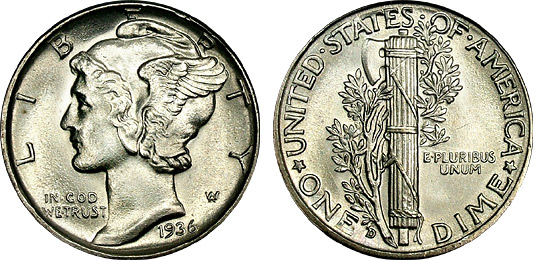 Duit syiling 10 sen Mercury tahun 1936, yang mungkin menampilkan profil isteri Stevens.