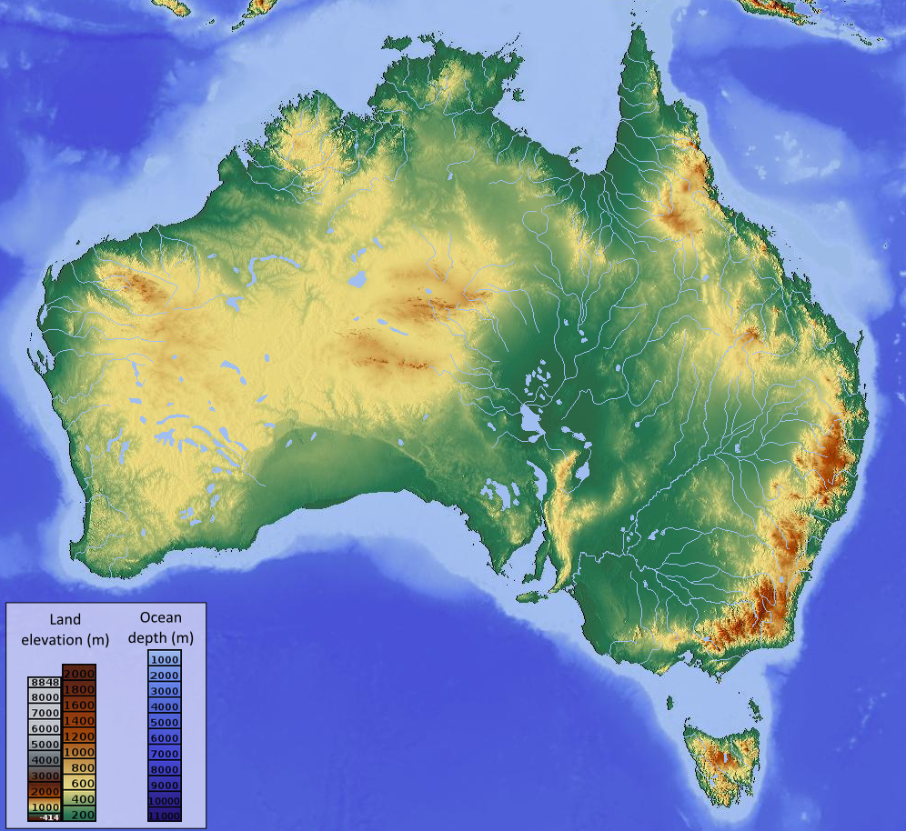 Peta topografi Australia (Hijau tua mewakili ketinggian terendah dan coklat tua yang tertinggi.)