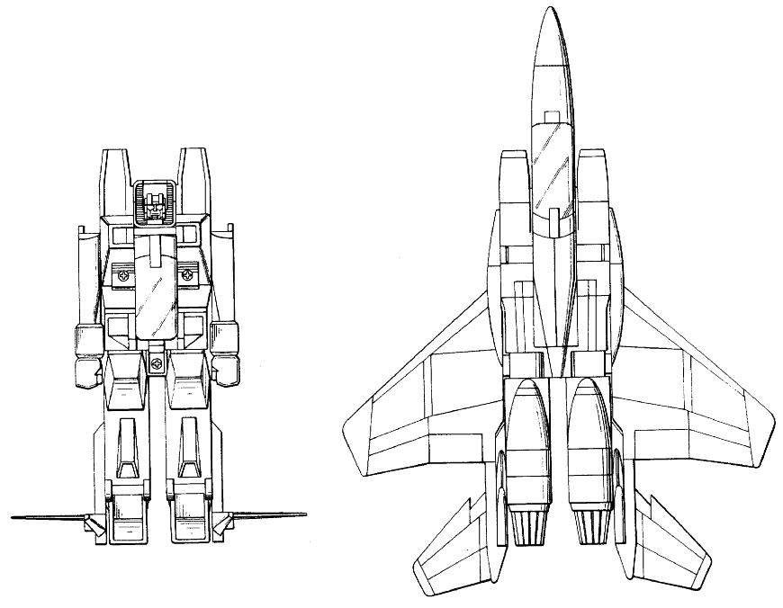 Front view of Starscream standing neutrally on left with jet horizontal stabilizers jutting sideways out from feet, normal-appearing dorsal-view jet illustration on right to similar scale