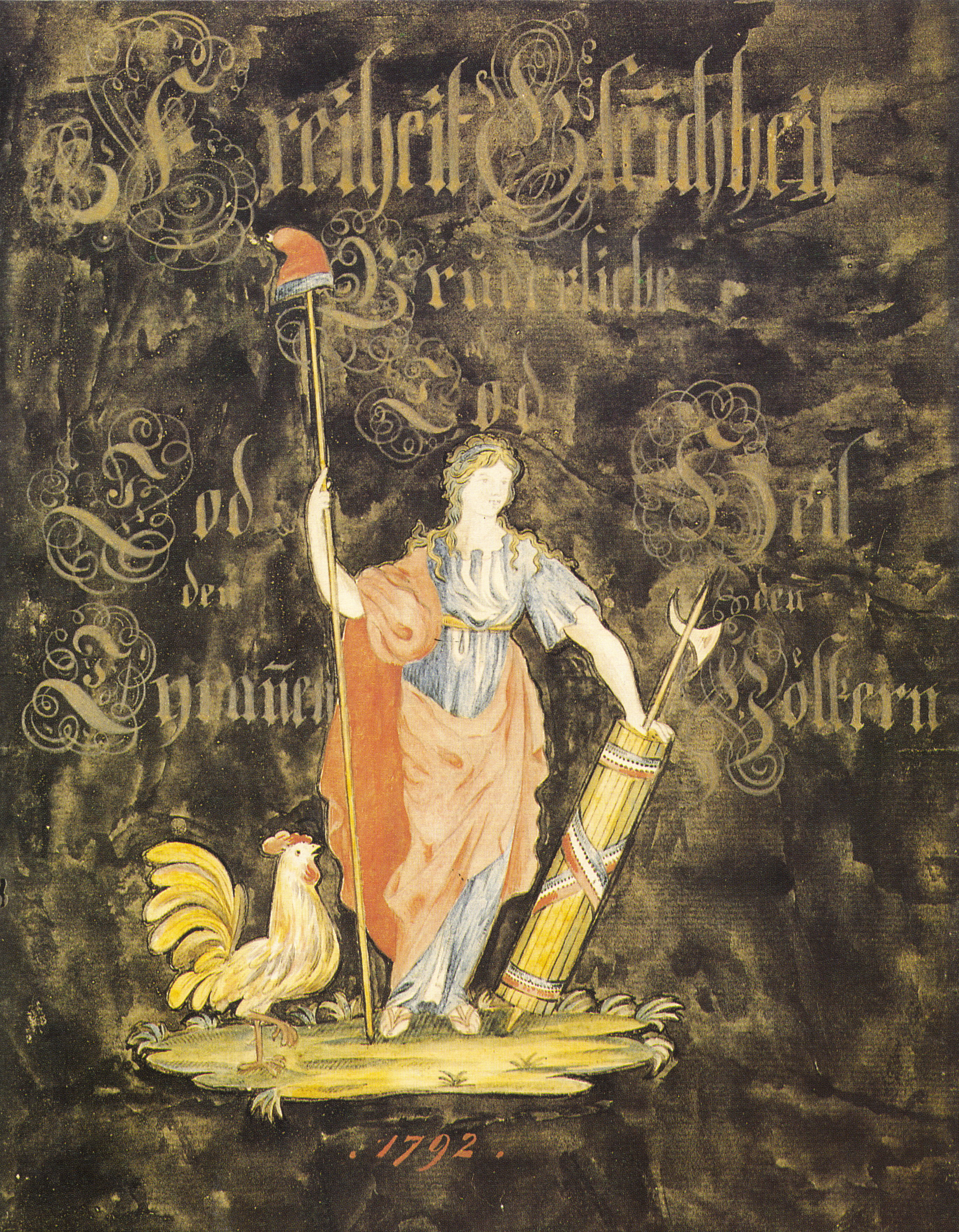 알자스 표지판, 1792년:<br /><br /><i>Freiheit Gleichheit Brüderlichk. od. Tod</i> (자유 평등 박애 또는 죽음)<br /><br /><i>Tod den Tyranen</i> (폭군에게 죽음을)<br /><br /><i>Heil den Völkern</i> (인민 만세)