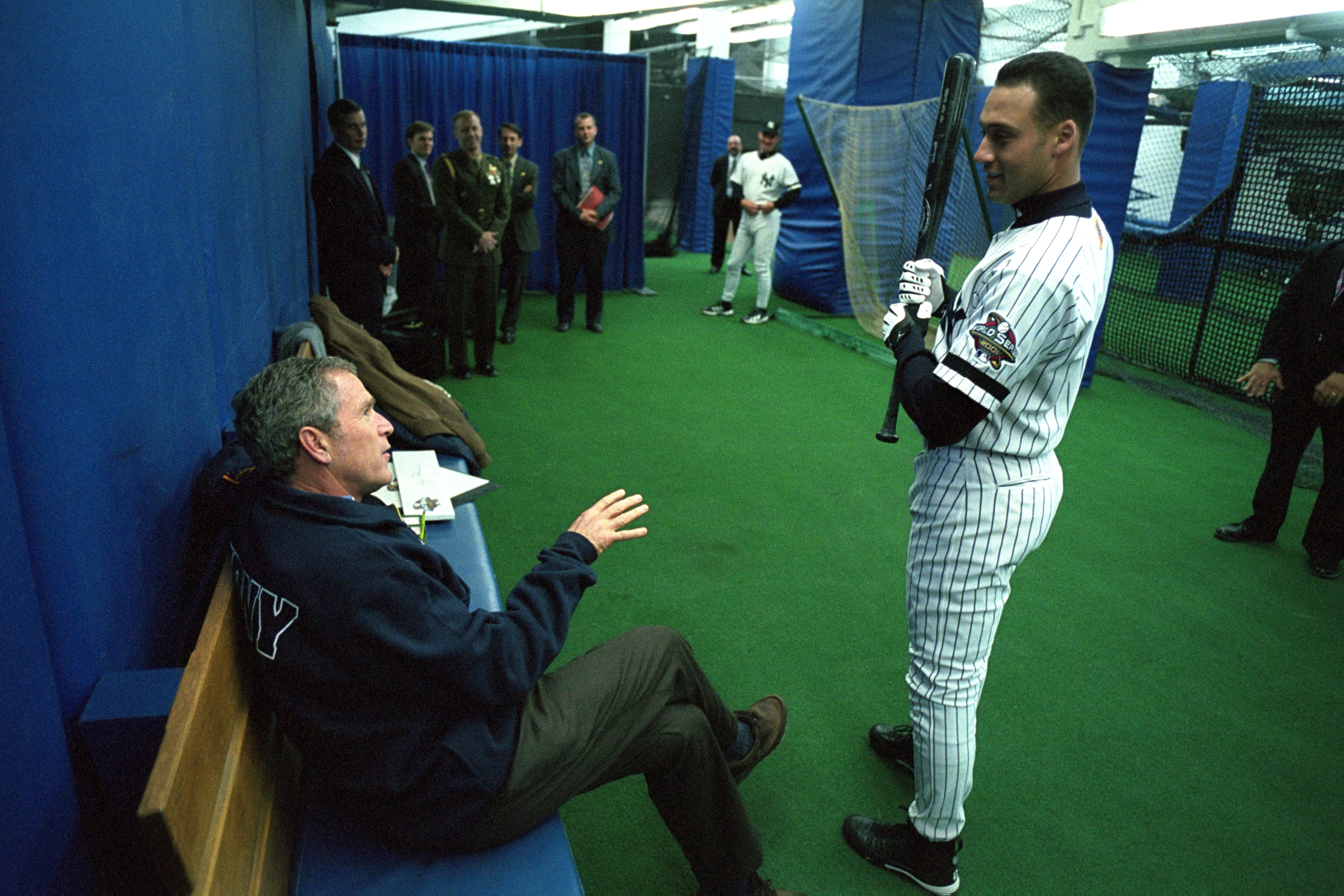 Jeter chats with President George W. Bush before Game 3 of the 2001 World Series