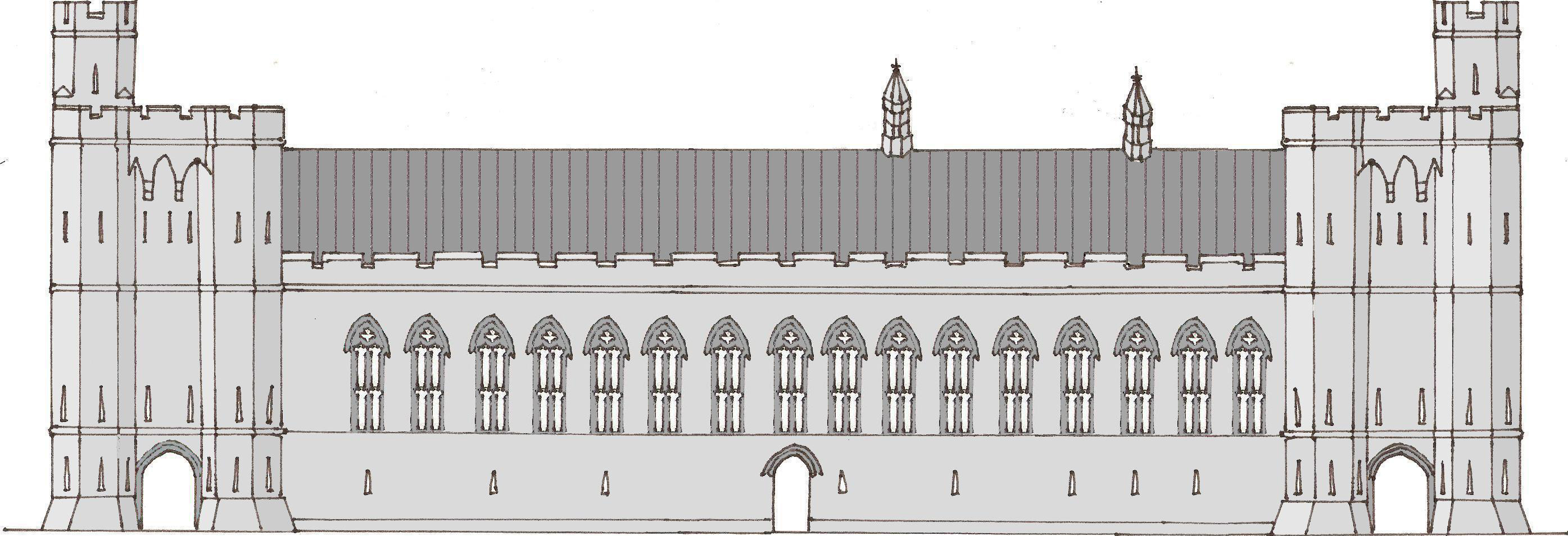 A drawing of the front of a castle hall, with two towers at either end and a row of high windows running along with the middle. The drawing is in shades of grey.