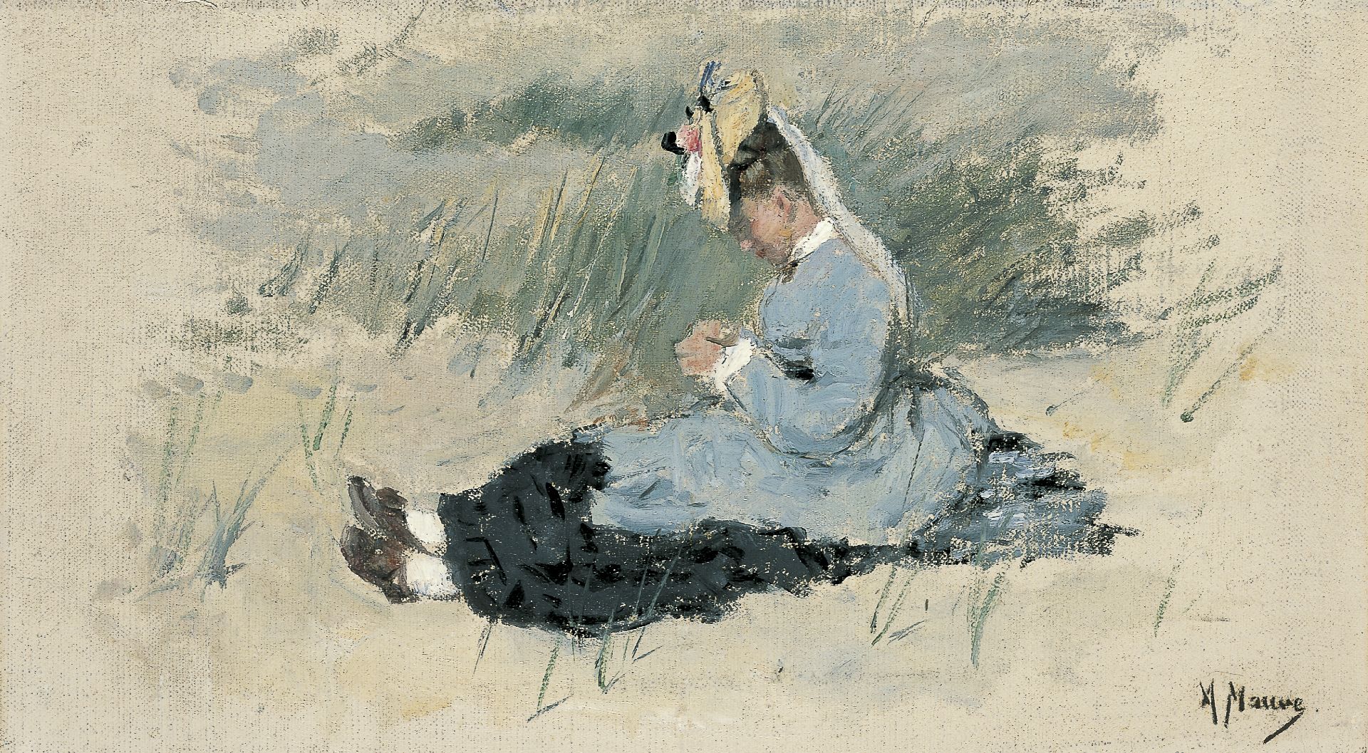 멋진 모자를 쓰고 일요일 복장을 한 우아한 젊은 여성이 모래 언덕에 앉아 있으며, 검은 드레스에 옅은 파란색 스목을 입고 있다.