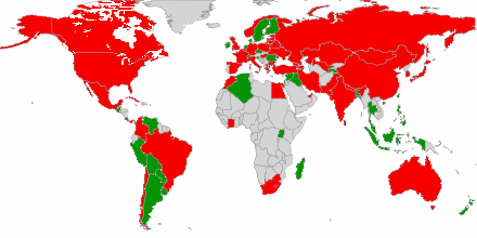国際空道連盟の加盟国(赤)と加盟候補国(緑)(2011年10月31日時点)。