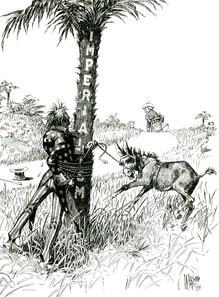 A black-and-white political cartoon. Uncle Sam (representing the United States) gets entangled with rope around a tree labeled 
