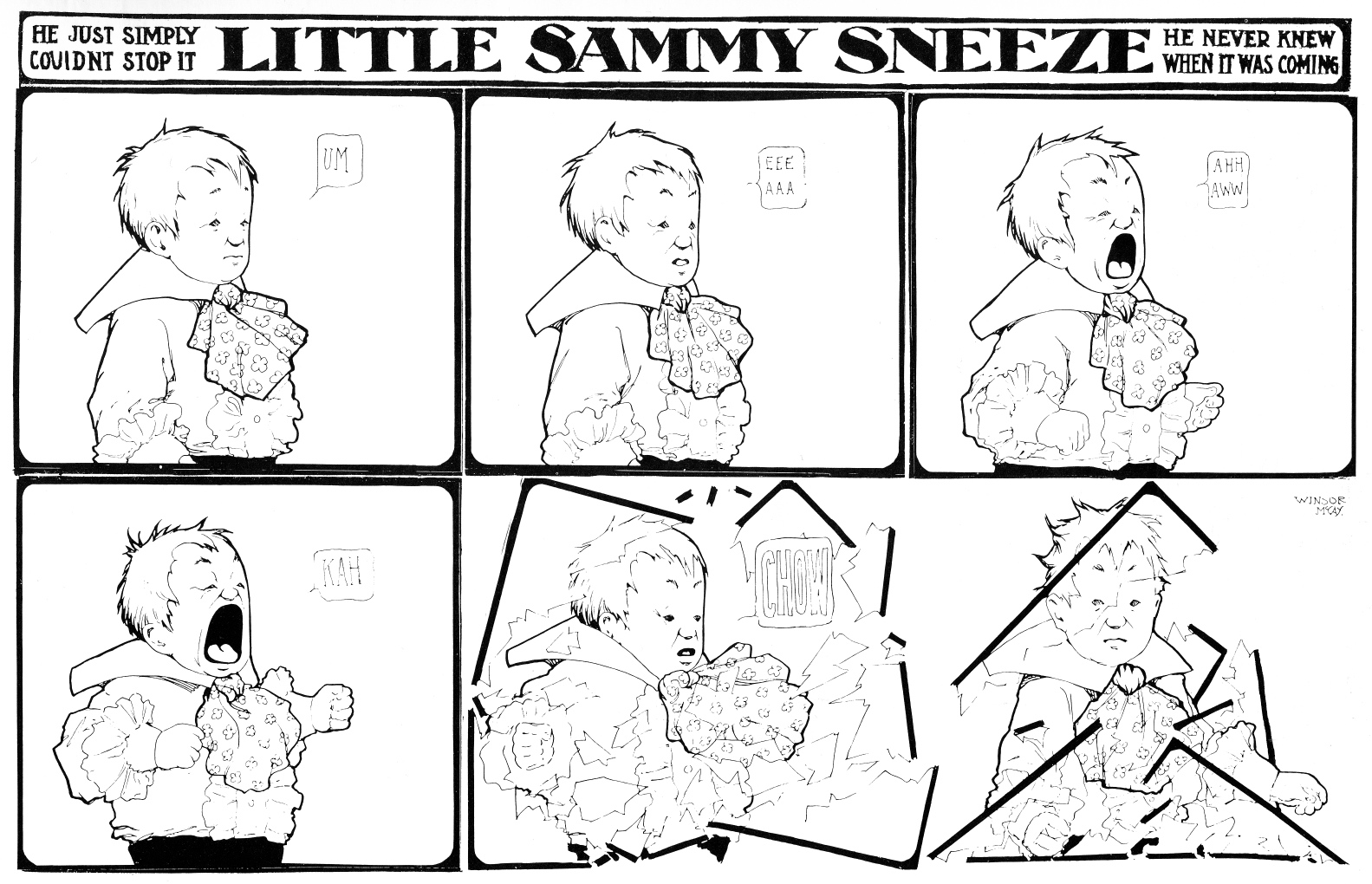 Six-panel Little Sammy Sneeze comic strip in which Sammy Sneeze destroys the strip's panel borders with a sneeze