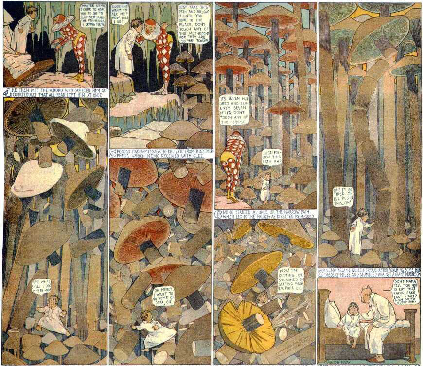 1905년 10월 22일 '리틀 니모의 슬럼버랜드' 만화 에피소드. 니모는 자라나는 버섯 숲에 있는 꿈을 꾼다. 패널은 자라는 버섯을 수용하기 위해 확장된다.