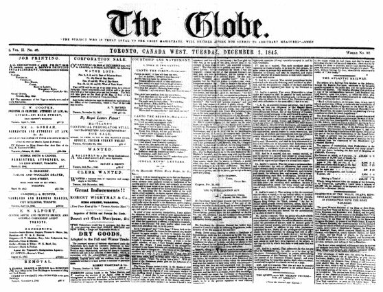 The Toronto Globe pada 2 Disember 1845.