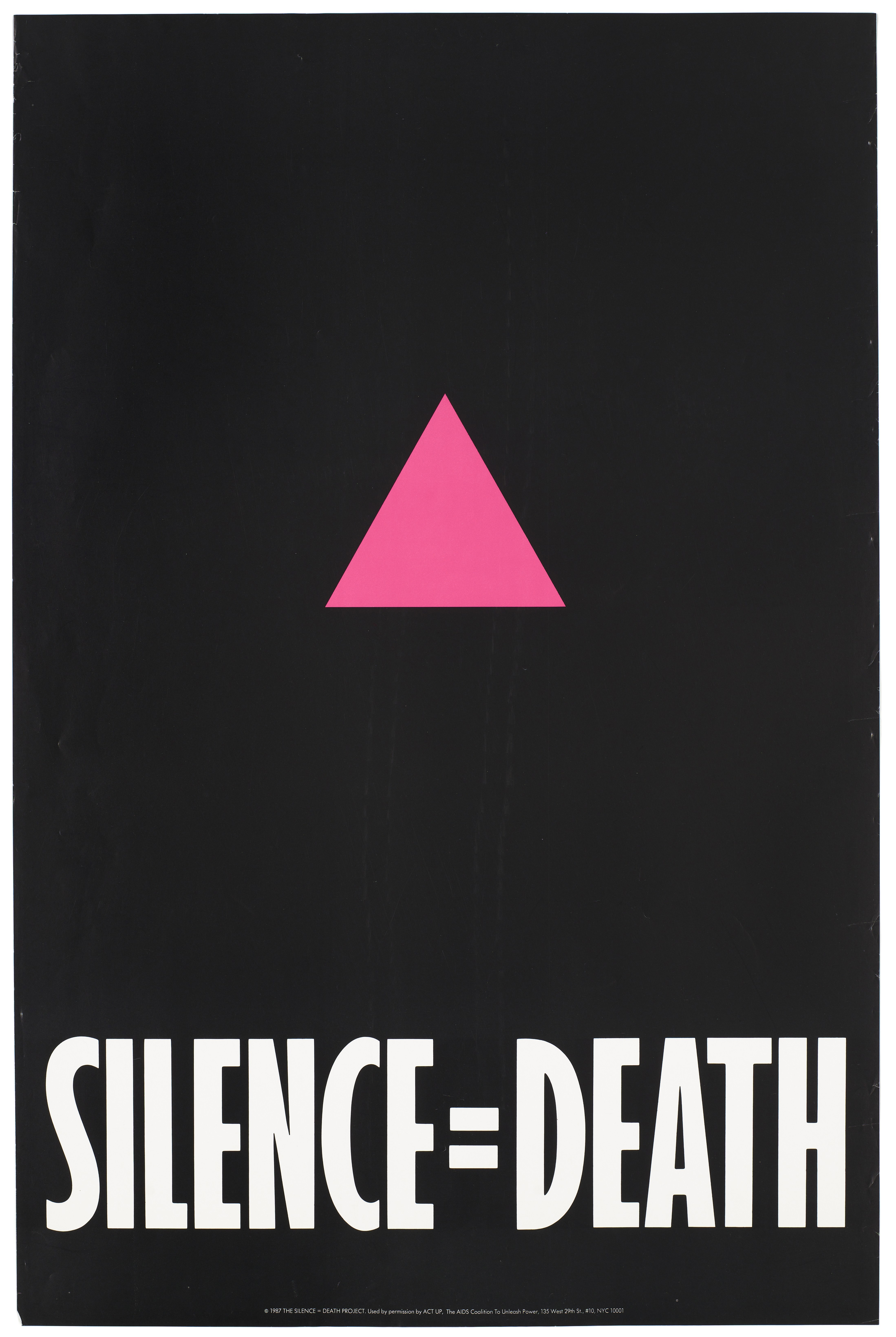 Graphic of poster with pink triangle on black and 
